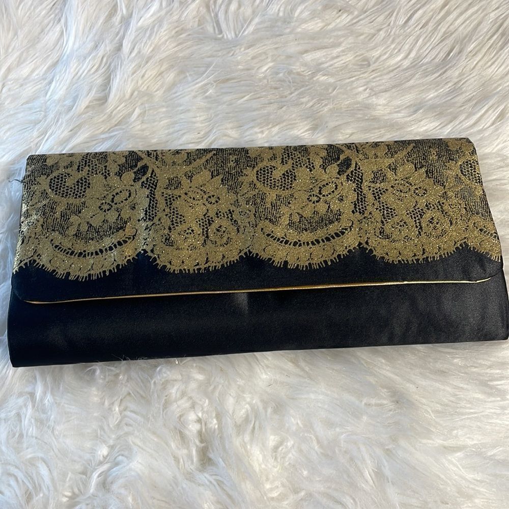 Black Clutch Evening Bag with Gold Lace Glitter Trim